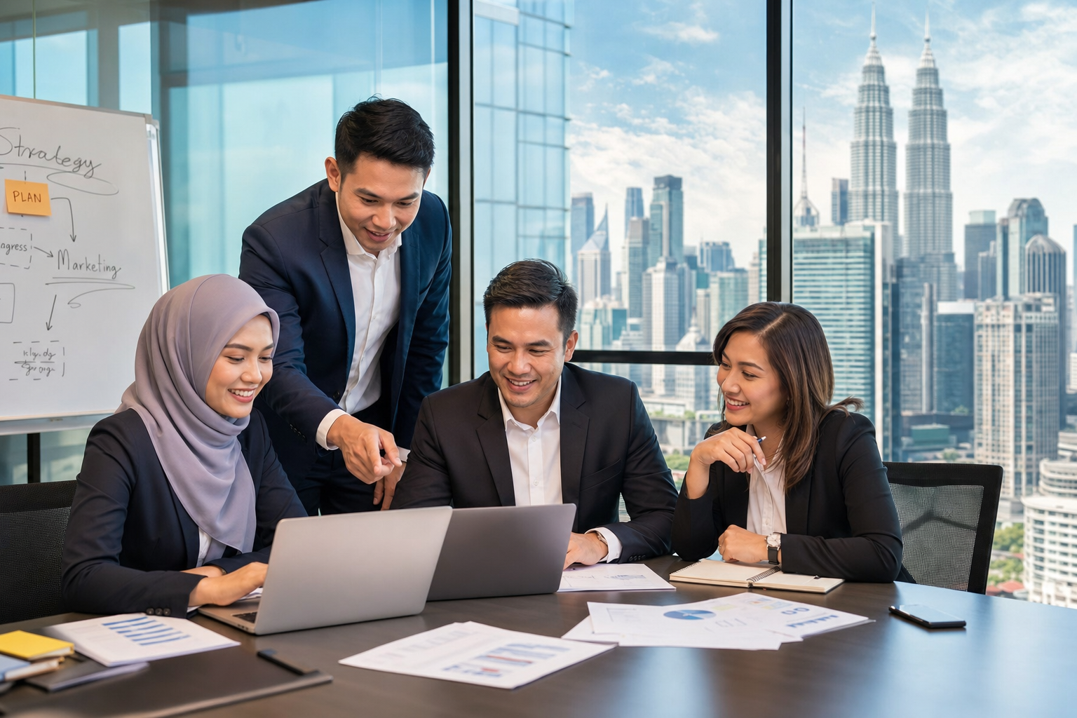 Vista Ventures team collaborating in a modern Kuala Lumpur office with the Petronas Towers in view
